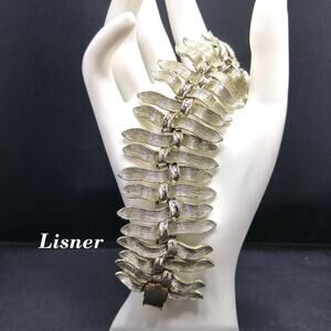 Vintage Lisner Mid-Century Modern Gold & Silver Tone Wide Link Bracelet, 1950s